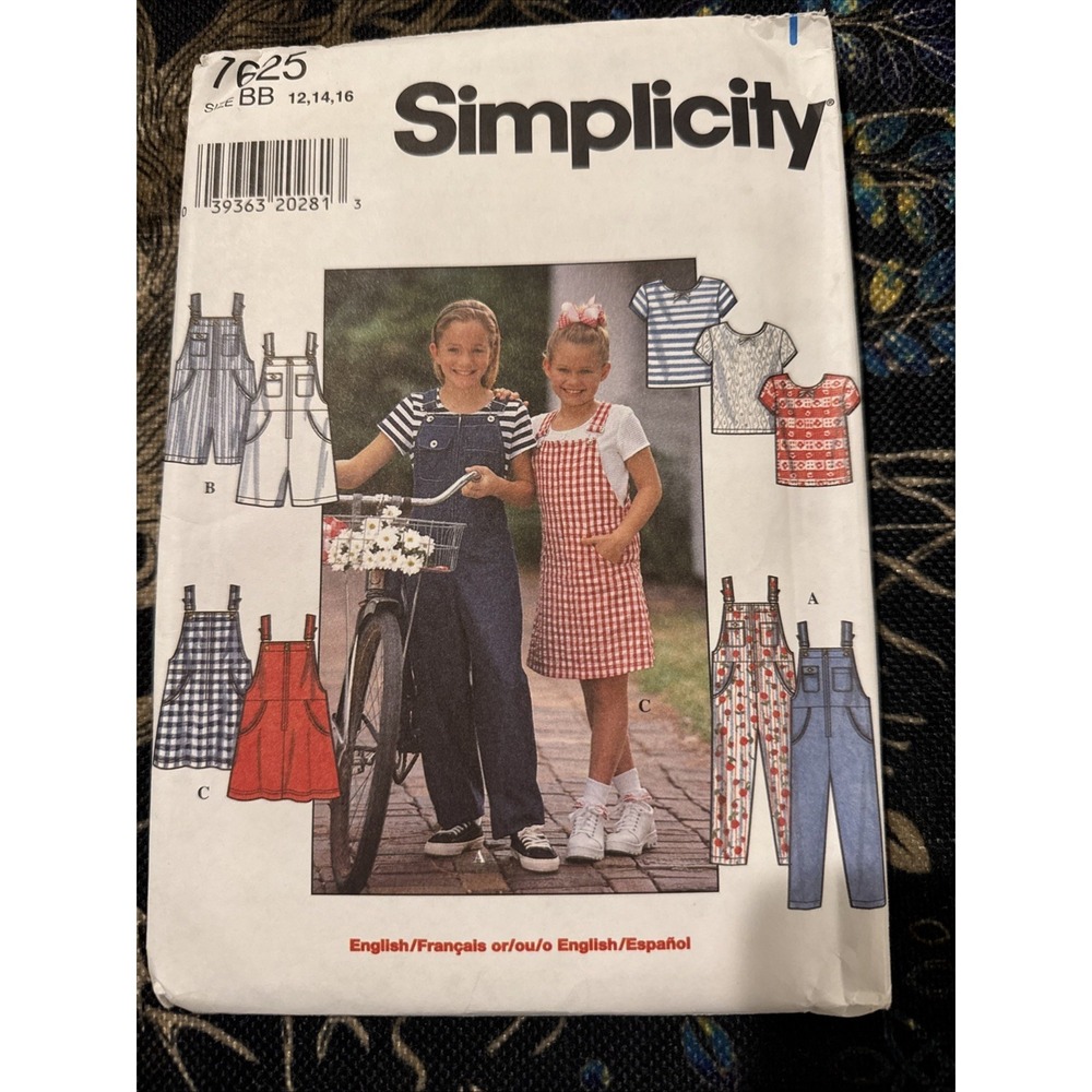 SIMPLICITY 7625 GIRLS' OVERALLS, JUMPER & KNIT TOP SZ 12-16 UNCUT 1997